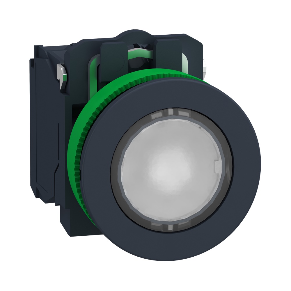 Harmony XB5, pulsante luminoso bianco Ø30 filopannello, ad impulso, plastica, LED universale, 230Vac, NO+NC
