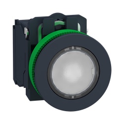 Harmony XB5, pulsante luminoso bianco Ø30 filopannello, ad impulso, plastica, LED universale, 230Vac, NO+NC