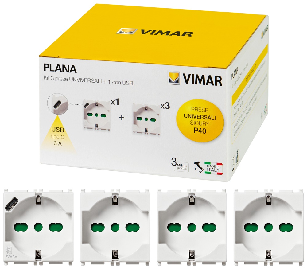 Kit prese Plana SICURY 3x2P+T 16A 250V + 1 presa USB C 15W 3A bianco