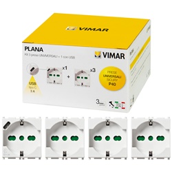 Kit prese Plana SICURY 3x2P+T 16A 250V + 1 presa USB C 15W 3A bianco