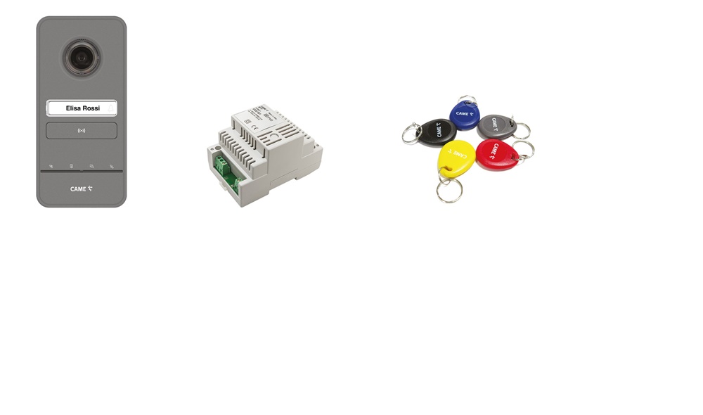 Kit videocitofonico 230V base espandibile con telecamera e 5 telecomandi per controllo accessi residenziale e commerciale