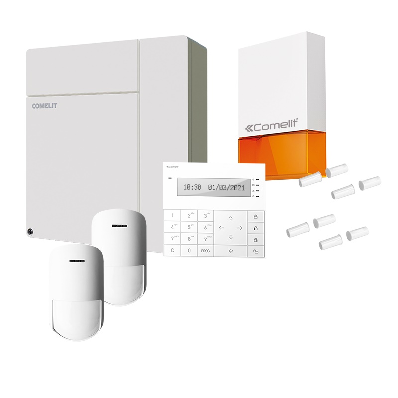 Serie Vedo - Kit centrale VEDO34 + sirena + tastiera LCD + 2 sensori INDT + 2 staffe orientabili + 4 contatti magnetici da incasso
