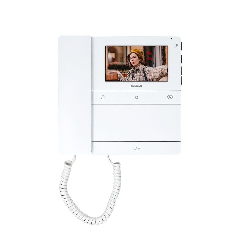 Serie People - Videocitofono a colori 4.3/16:9 con cornetta, sistema Simplebus 2, 4 pulsanti, guide tattili, programmabile da spento
