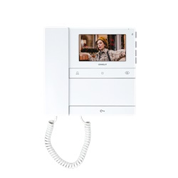 Serie People - Videocitofono a colori 4.3/16:9 con cornetta, sistema Simplebus 2, 4 pulsanti, guide tattili, programmabile da spento