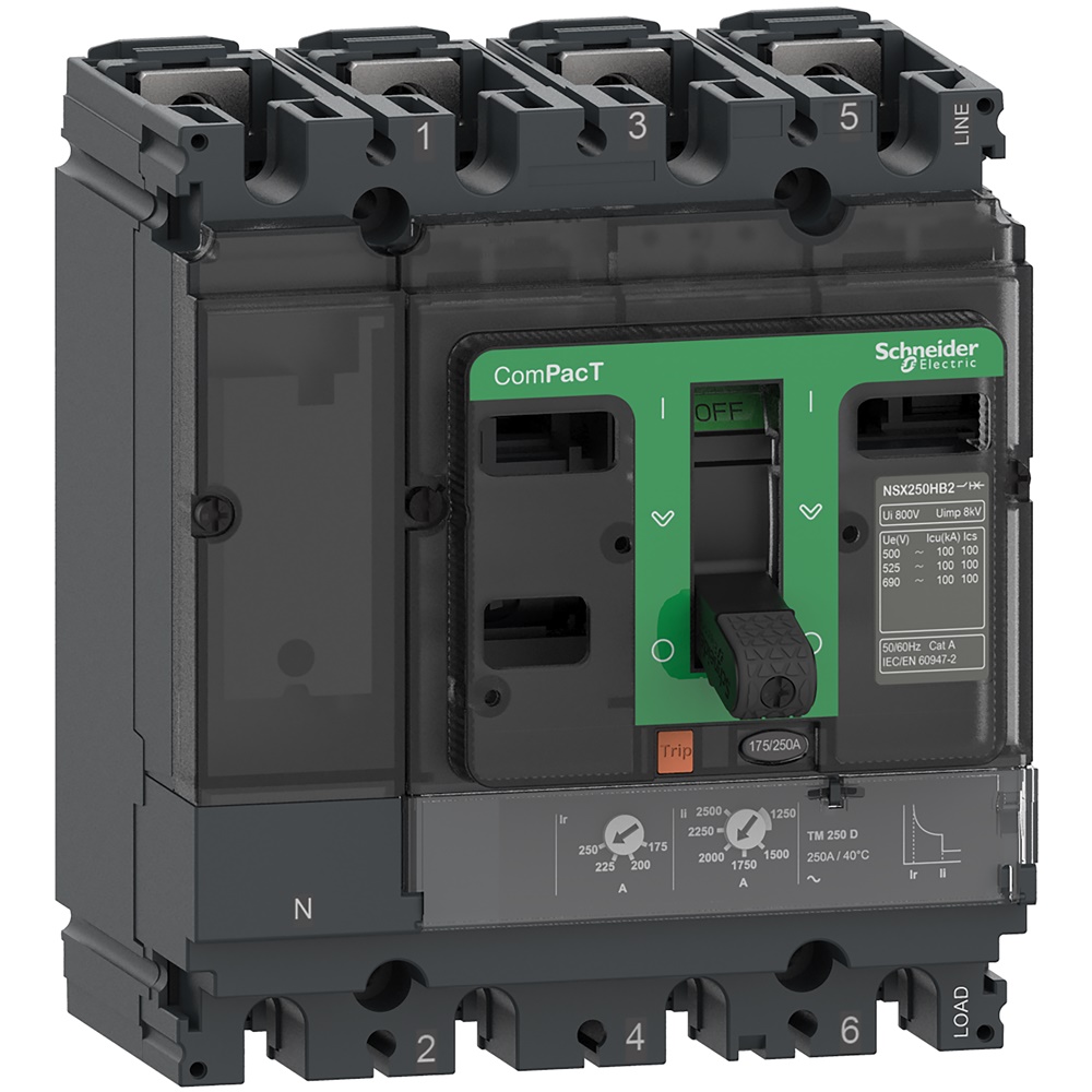 Interruttore ComPacT NSX250HB1 4 poli 75kA 690VAC Sganciatore TMD 250A protezione sovraccarico e corto circuito uso industriale