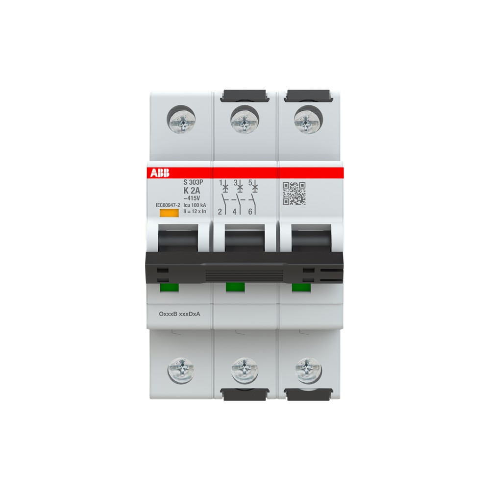 Interruttore automatico bipolare S303P K 2 A 415V AC protezione sovraccarico e cortocircuito impianti elettrici industriali e domestici
