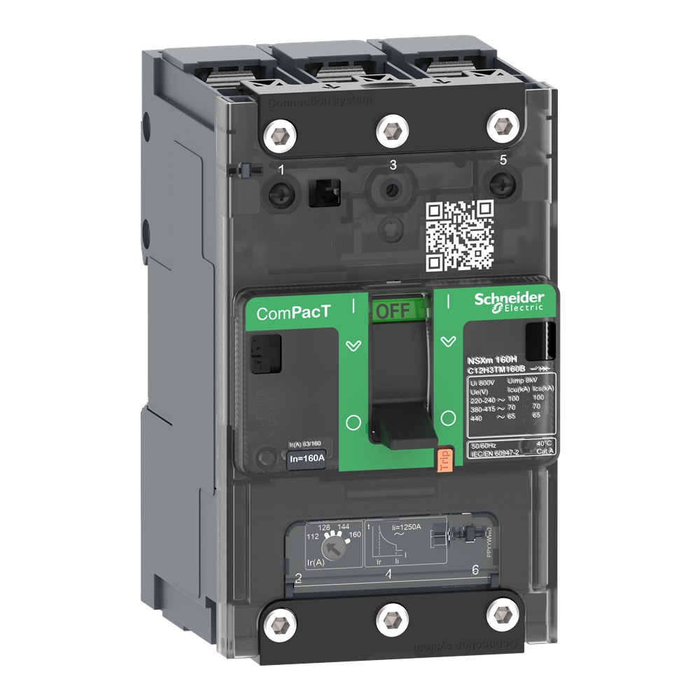 Interruttore, ComPacT NSXm 160E, 16kA/415VAC, 3 poli, Sganciatore TMD 160A, connettori/busbar