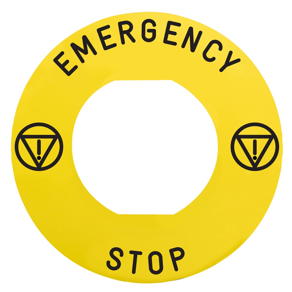 Etichetta con marcatura, Harmony XB4, Harmony XB5, giallo, 60mm, per arresto di emergenza, marcatura EMERGENCY STOP/logo ISO13850