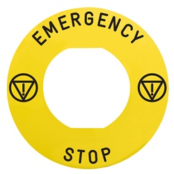 Etichetta con marcatura, Harmony XB4, Harmony XB5, giallo, 60mm, per arresto di emergenza, marcatura EMERGENCY STOP/logo ISO13850