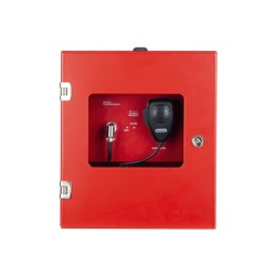 Armadio rosso a parete con microfono PTT, postazione emergenza VVF, serratura sicurezza