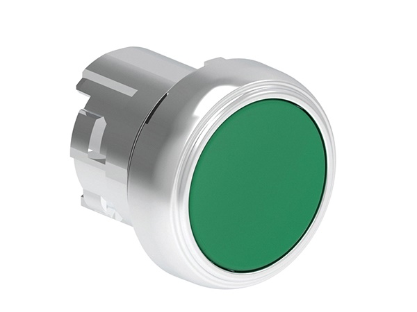 Pulsante metallico rasato verde tondo per sistemi elettrici comando singolo