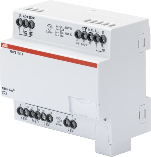 Controllore fan coil modulazione PWM 0-10 V per climatizzazione con integrazione bus EIB/KNX, gestione ventilatore e valvole, installazione modulare DIN