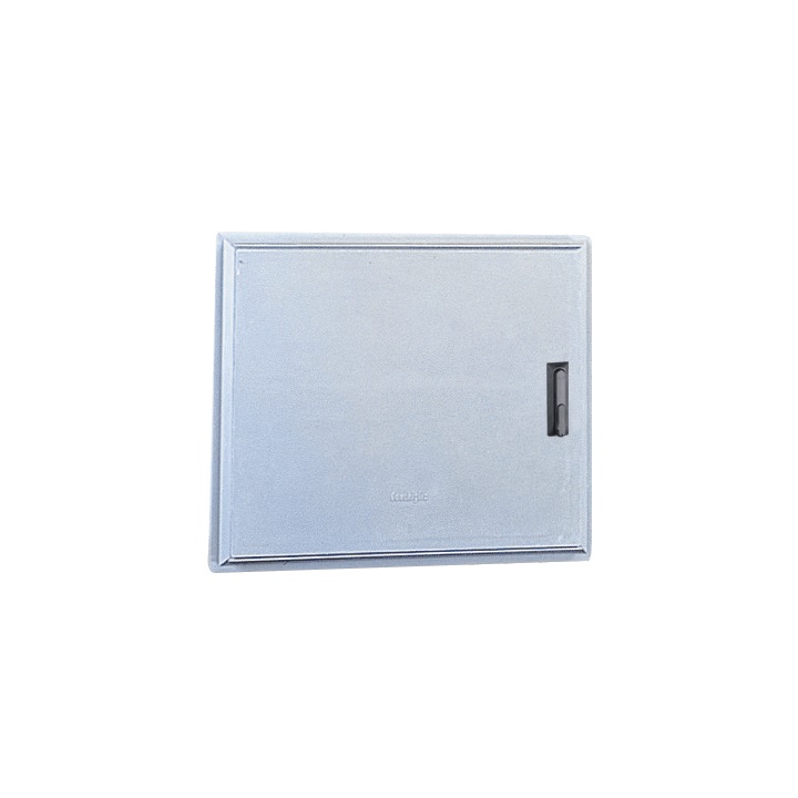 Sportello nicchie TPV/74/D in SMC vetroresina grigio RAL 7040, apertura superiore 90°, IP43 IK10, zanche zincate murabili/tassellabili, aerazione labirinto, predisposizione serratura cremonese
