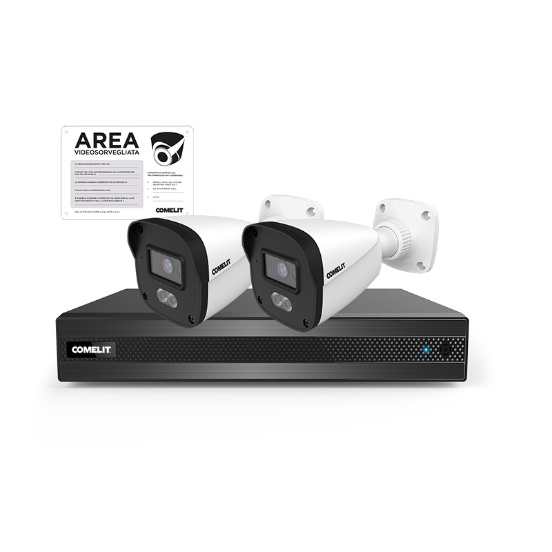 Serie Next - Kit IP con NVR NIPNVR004N06PA + 2 telecamere IPBCAMN04F01CUA + cartello videosorveglianza