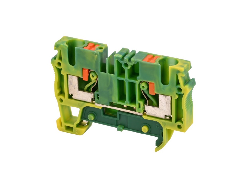 Morsetti componibili push-in per reti di terra, sezione 0,08-16 mm², montaggio rapido su guida DIN, corpo PA 6.6 giallo/verde