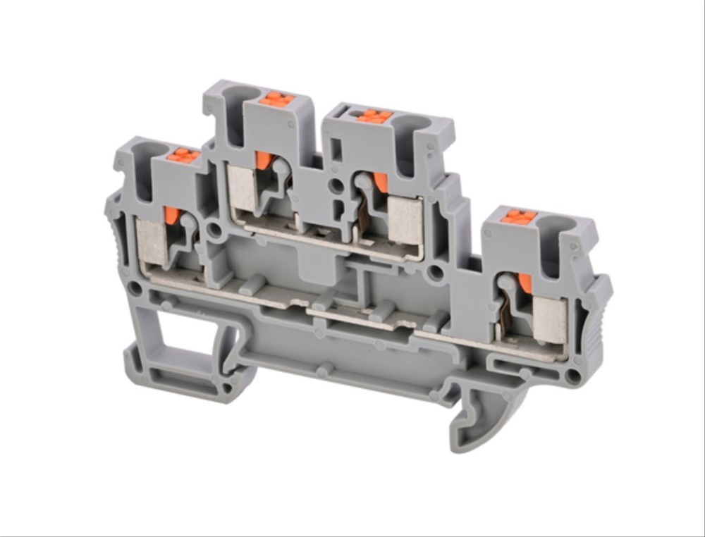 Morsetti componibili a due livelli push-in per guida DIN, connessione cavi fino 4 mm², uso civile e industriale