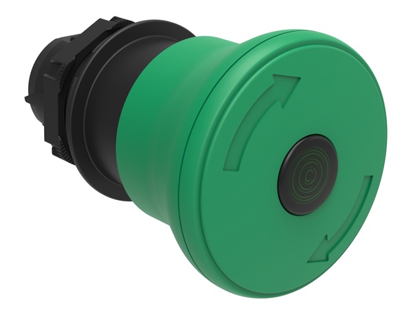 Pulsante fungo luminoso verde 40mm sgancio a rotazione per arresto semplice serie Platinum