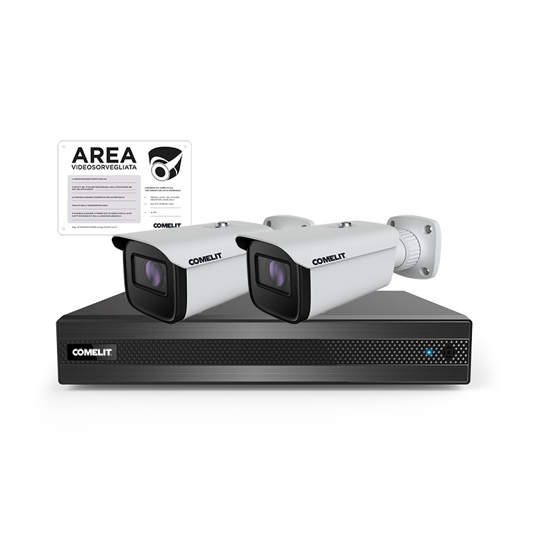 Serie Next - Kit IP 5MP 8 canali, NVR NIPNVR008N06PA + 2 telecamere IB04N2Z01A + cartello area videosorvegliata