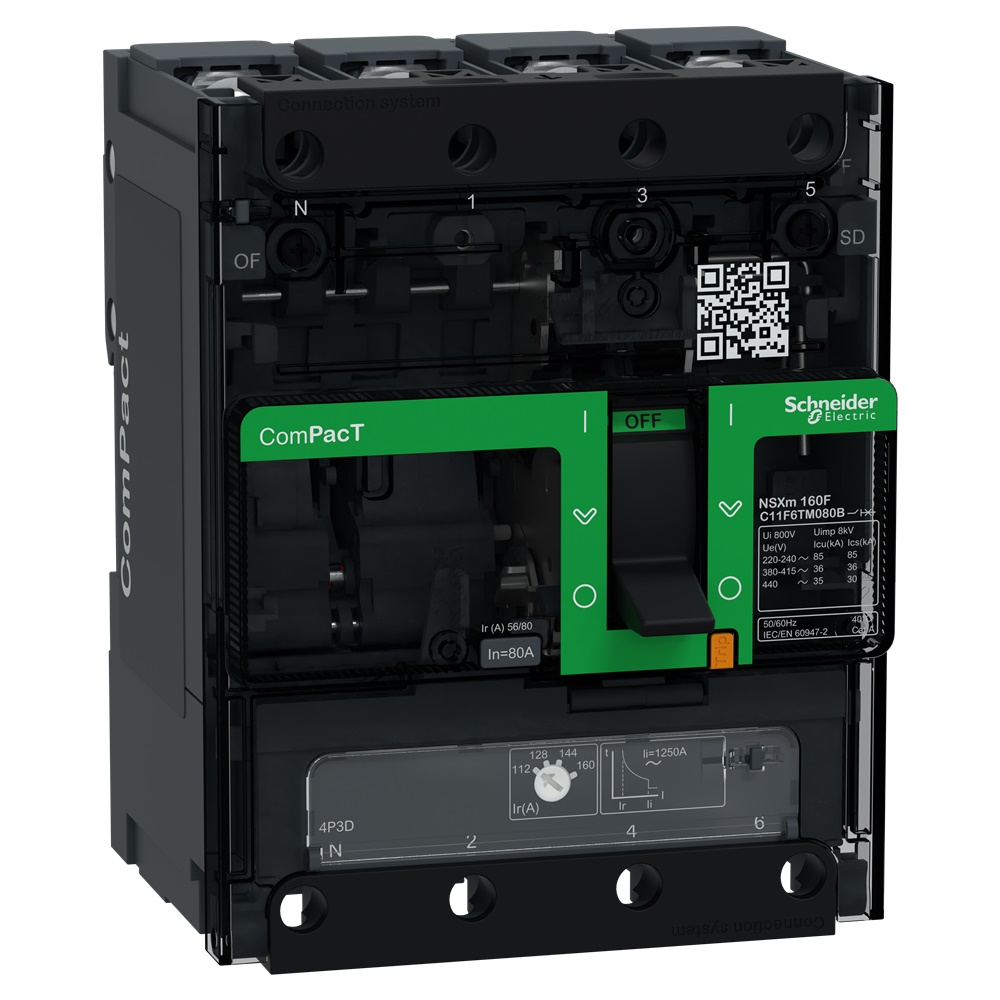 Interruttore, ComPacT NSXm 100F, 36kA/415VAC, 4 poli 3D (neutro non protetto), Sganciatore TMD 80A busbar/connettori