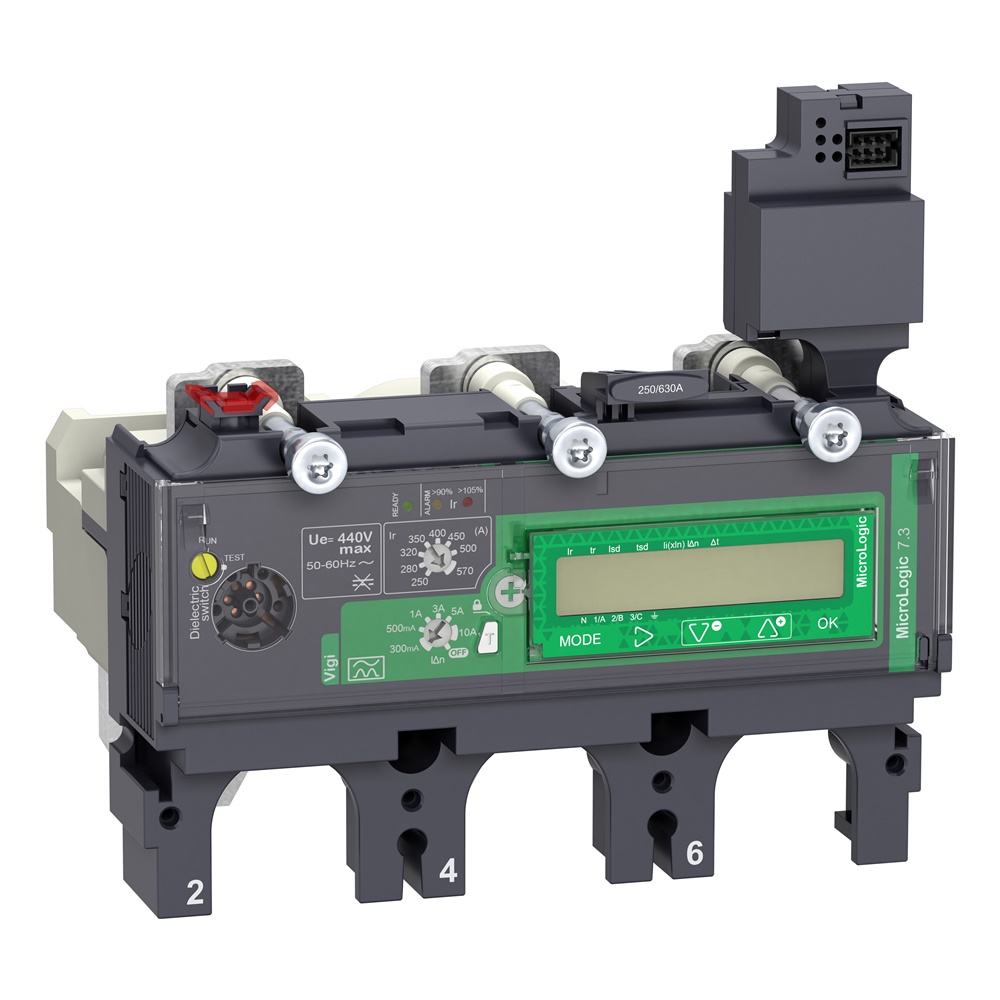Sganciatore MicroLogic 7.3E Vigi 570A 3 poli per ComPacT NSX 630 con protezioni base e differenziali, misuratore energia integrato, ideale per applicazioni standard e specifiche