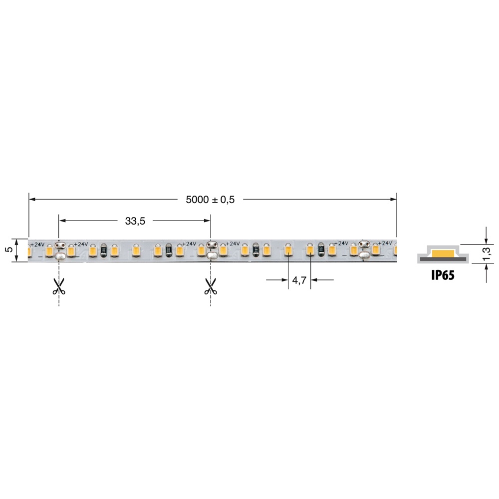Striscia LED 5mm 8,6W/m 24V IP65 CR90 luce naturale resistente polvere e acqua