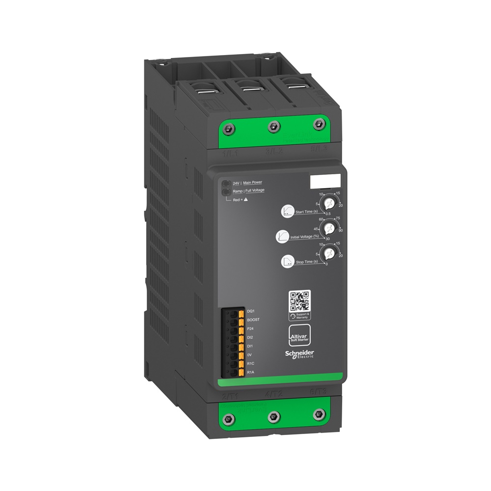 Soft starter Altivar ATS130 105A per motori asincroni 30-55 kW, avvio efficiente pompe e compressori, montaggio guida DIN o piastra, compatto e modulare