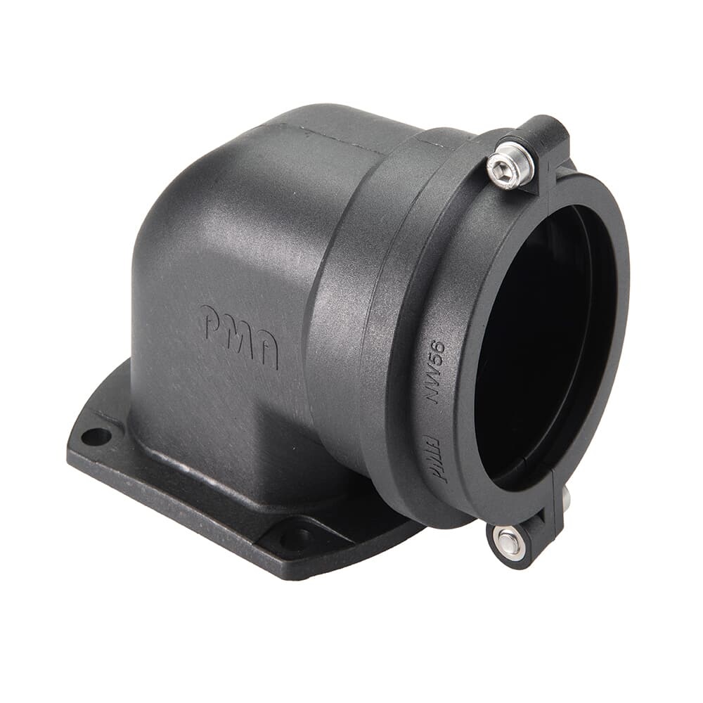 Flangia curva 90° in PA6 nero per tubi corrugati NW56 IP68 resistente industriale