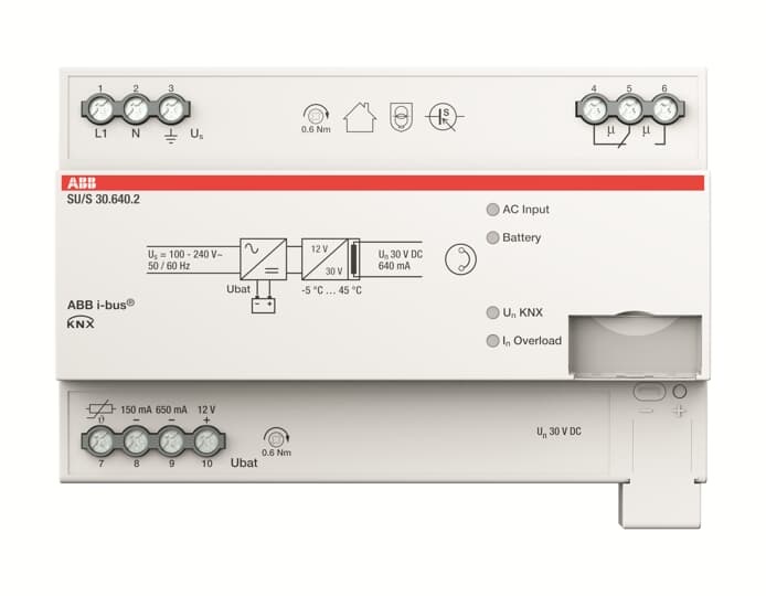 Alimentatore continuità KNX 640 mA 30 V DC montaggio guida DIN backup batteria