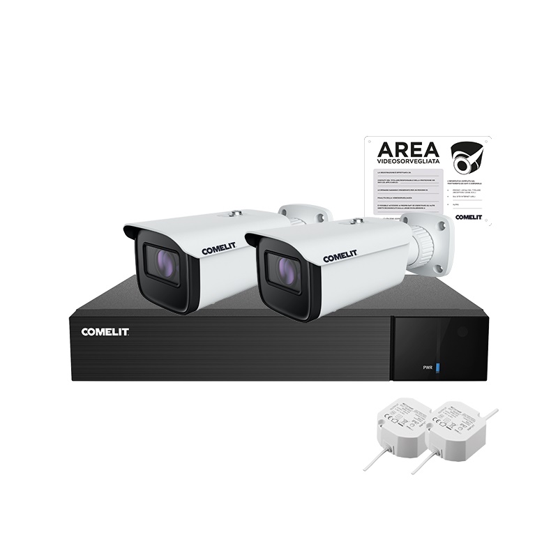 Kit videosorveglianza AHD DVR008N05A, 2 telecamere AB04N1ZA, alimentatori, cartello area videosorvegliata