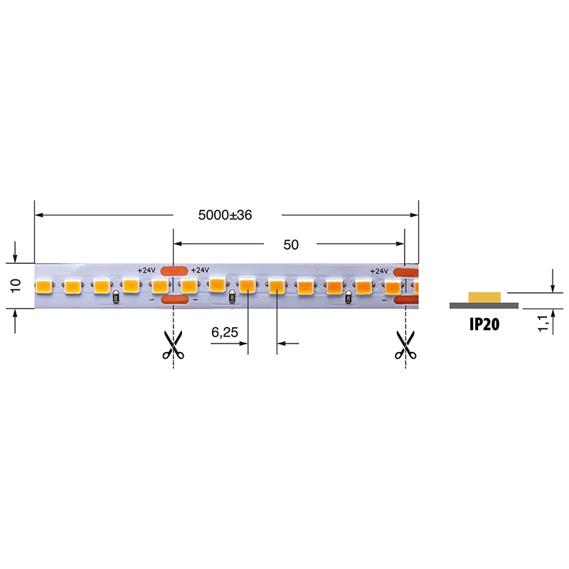 Striscia LED 19,2W/m 24V IP20 luce bianco caldo flessibile per interni
