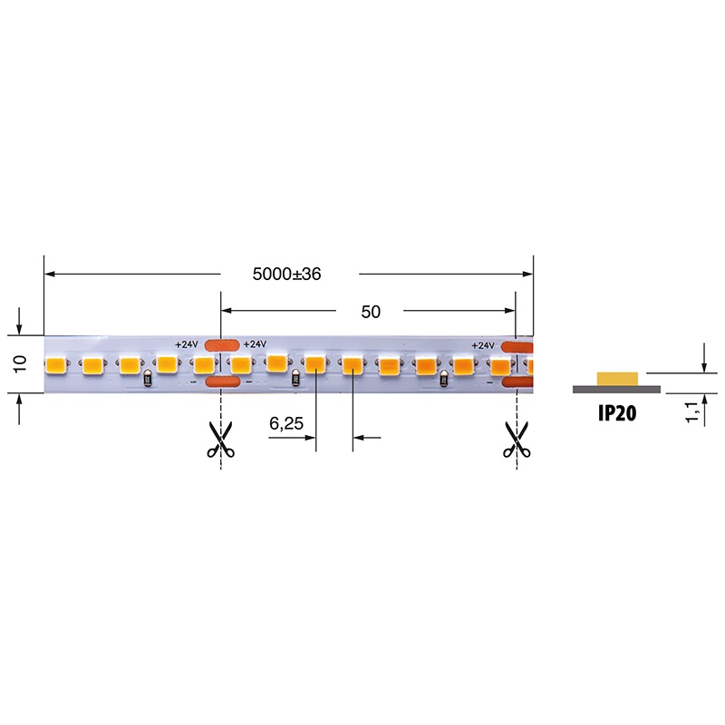Striscia LED 19,2W/m 24V IP20 luce bianco caldo flessibile per interni