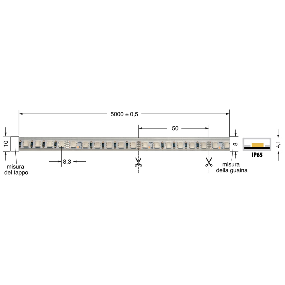 LEDSTRIP 8W/M RGB 24V IP65 SLEEVE illuminazione flessibile resistente esterni interni