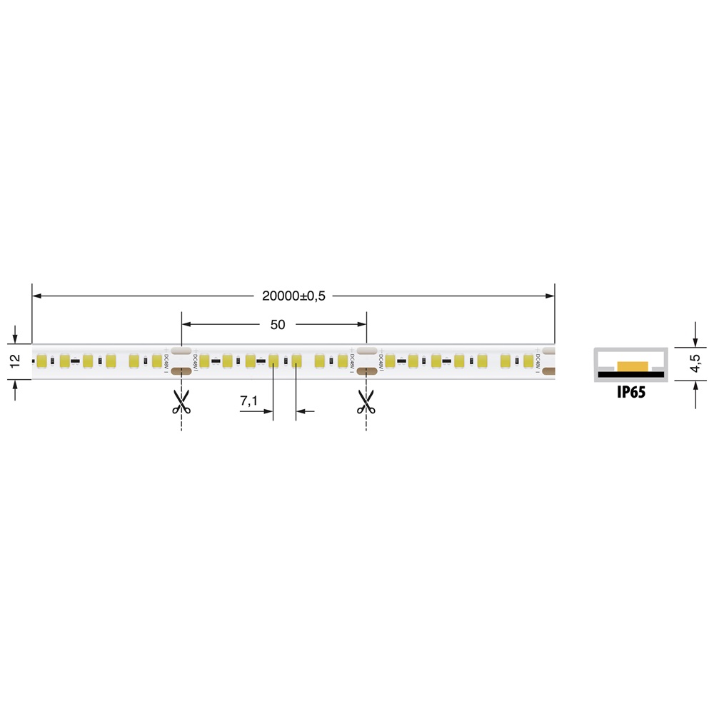 Striscia LED 14,4W/m 48V IP65 CRI90 flessibile per illuminazione interna ed esterna