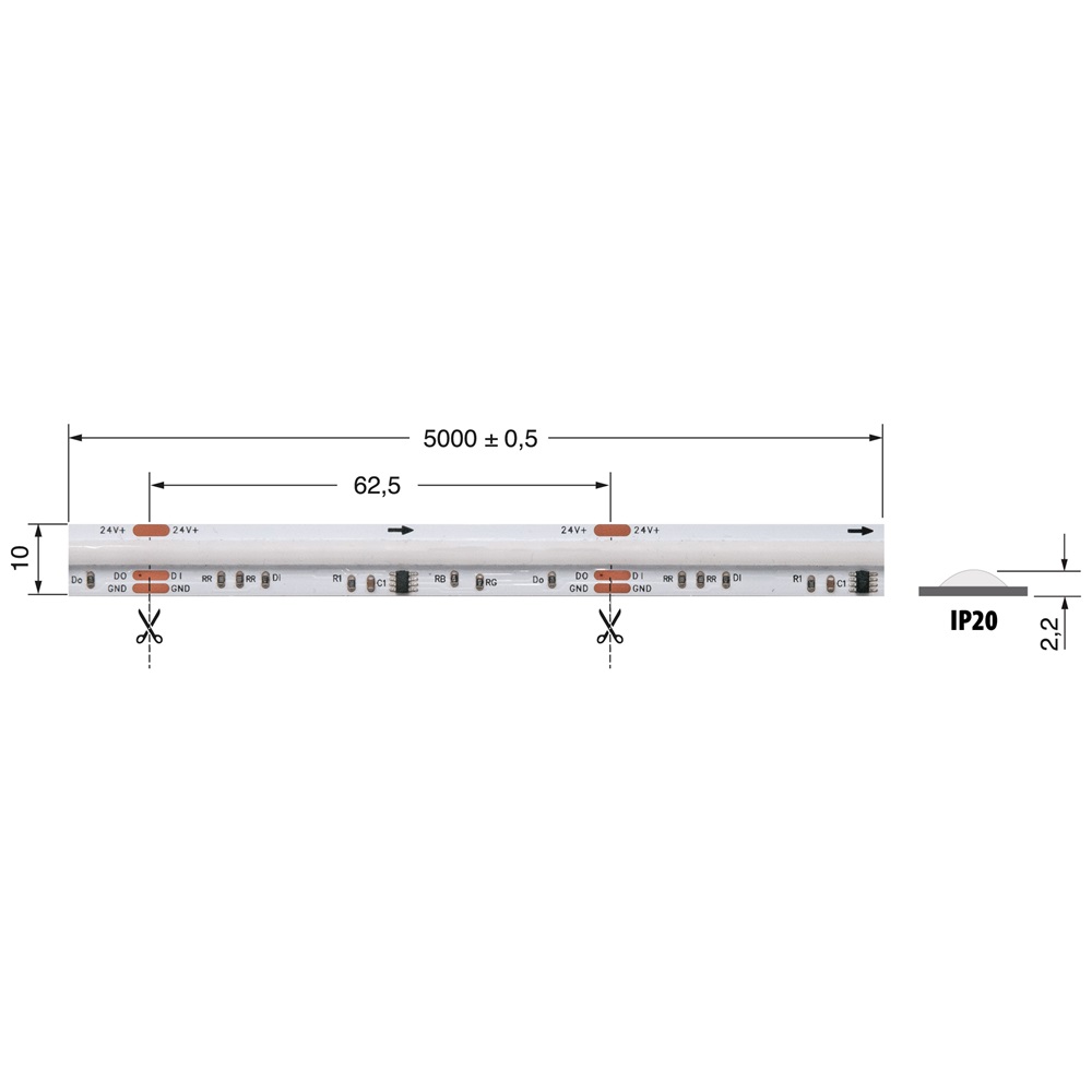 Striscia LED DIG.COB 18W/m RGB 24V IP20 flessibile per illuminazione interna decorativa e funzionale
