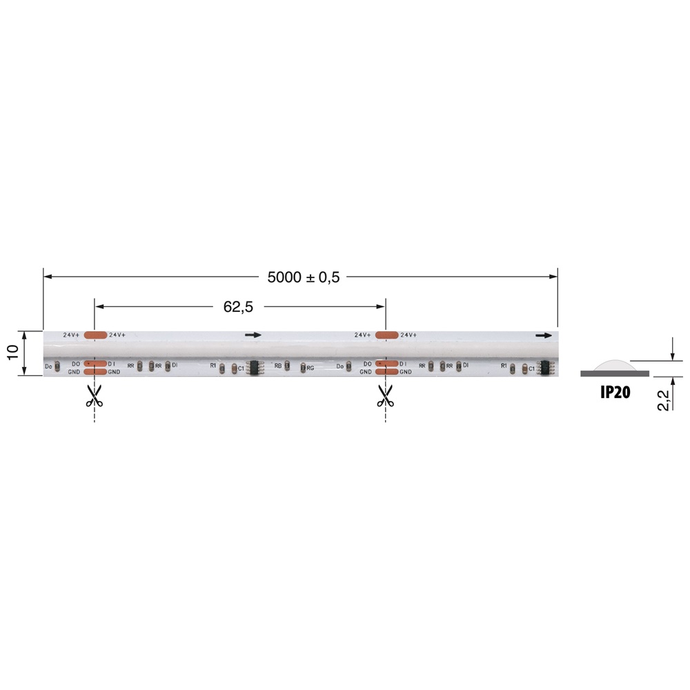 Striscia LED DIG.COB 18W/m RGB 24V IP20 flessibile per illuminazione interna decorativa e funzionale