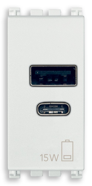 Alimentatore USB A+C 15W 5V 1M bianco doppia uscita carica smartphone tablet