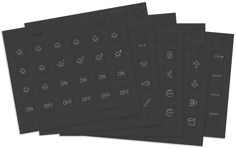 8 fogli etichette adesive simboli illuminabili per comandi Eikon Tactil grigio