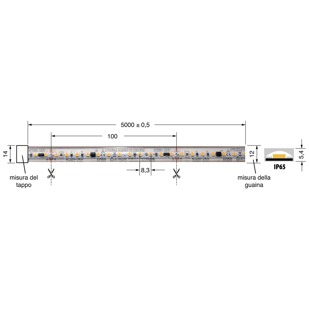 Striscia LED 17W/m 220V IP65 5m illuminazione esterni interni flessibile resistente