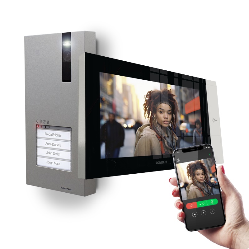 Serie 7 Top - Kit video monofamiliare con posto esterno Quadra e videocitofono 7 Wi-Fi, sistema ViP, iniettore alimentazione incluso