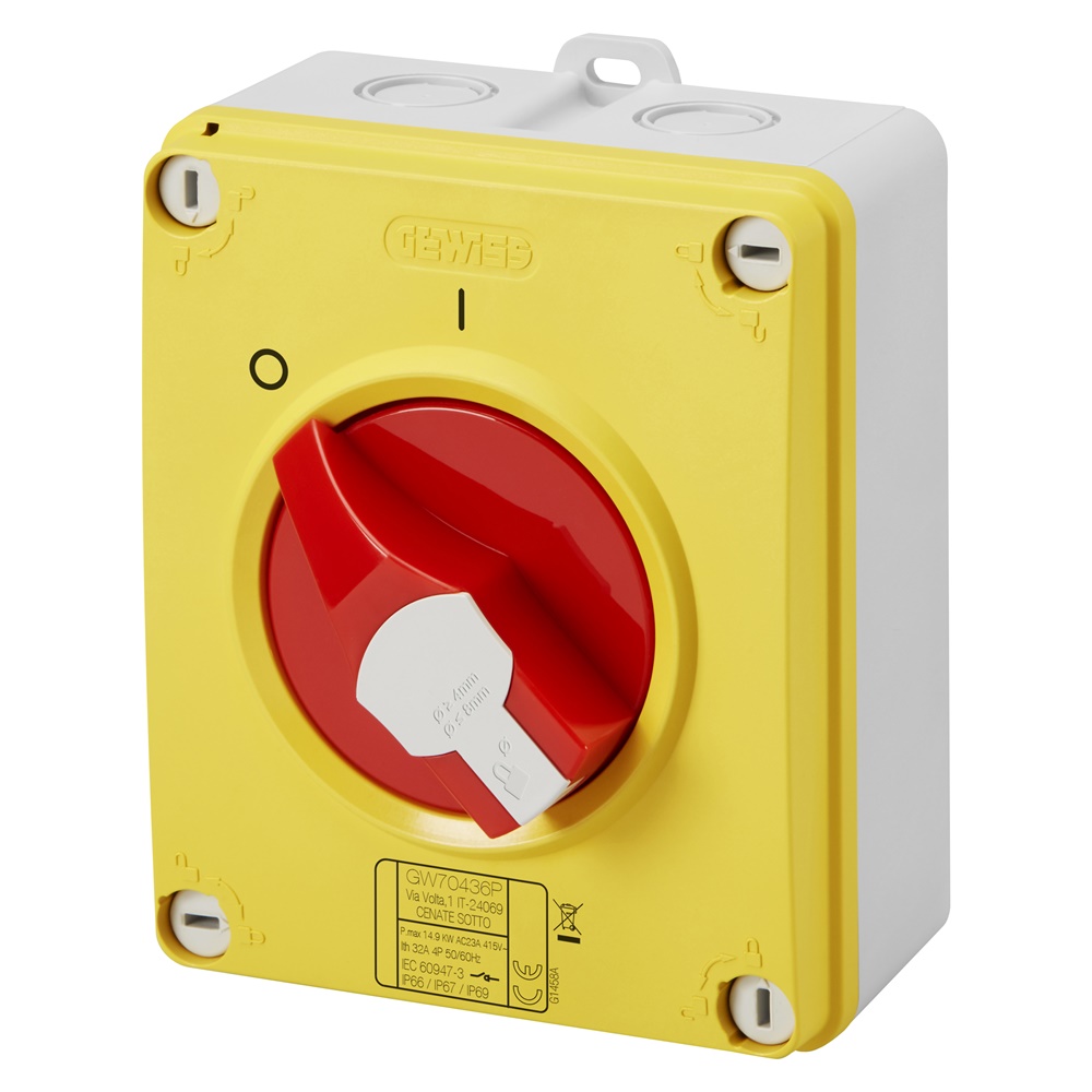 INTERRUTTORE SEZIONATORE ROTATIVO - HP - DA PARETE - EMERGENZA - CASSETTA IN METALLO - 40A 2P - MANOPOLA ROSSA LUCCHETTABILE - IP66