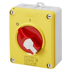 INTERRUTTORE SEZIONATORE ROTATIVO - HP - DA PARETE - EMERGENZA - CASSETTA IN METALLO - 40A 2P - MANOPOLA ROSSA LUCCHETTABILE - IP66