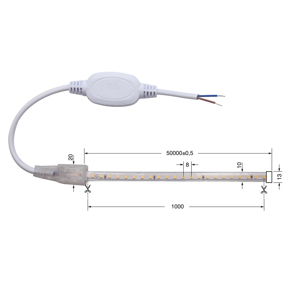 Strip LED 9W/m IP65 alimentazione 220V lunghezza 50m per interni ed esterni