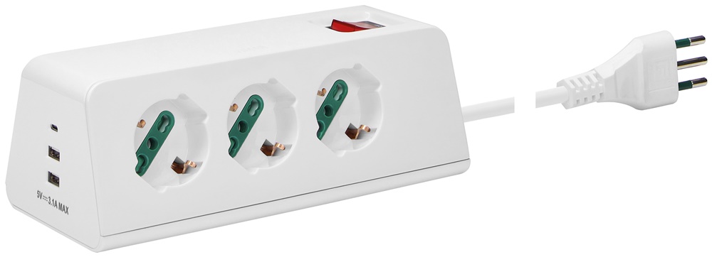 Presa scrivania multipla 3 uscite universali 2P+T 10A con 3 porte USB A+C ricarica simultanea cavo 2m bianco