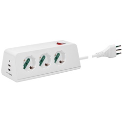 Presa scrivania multipla 3 uscite universali 2P+T 10A con 3 porte USB A+C ricarica simultanea cavo 2m bianco