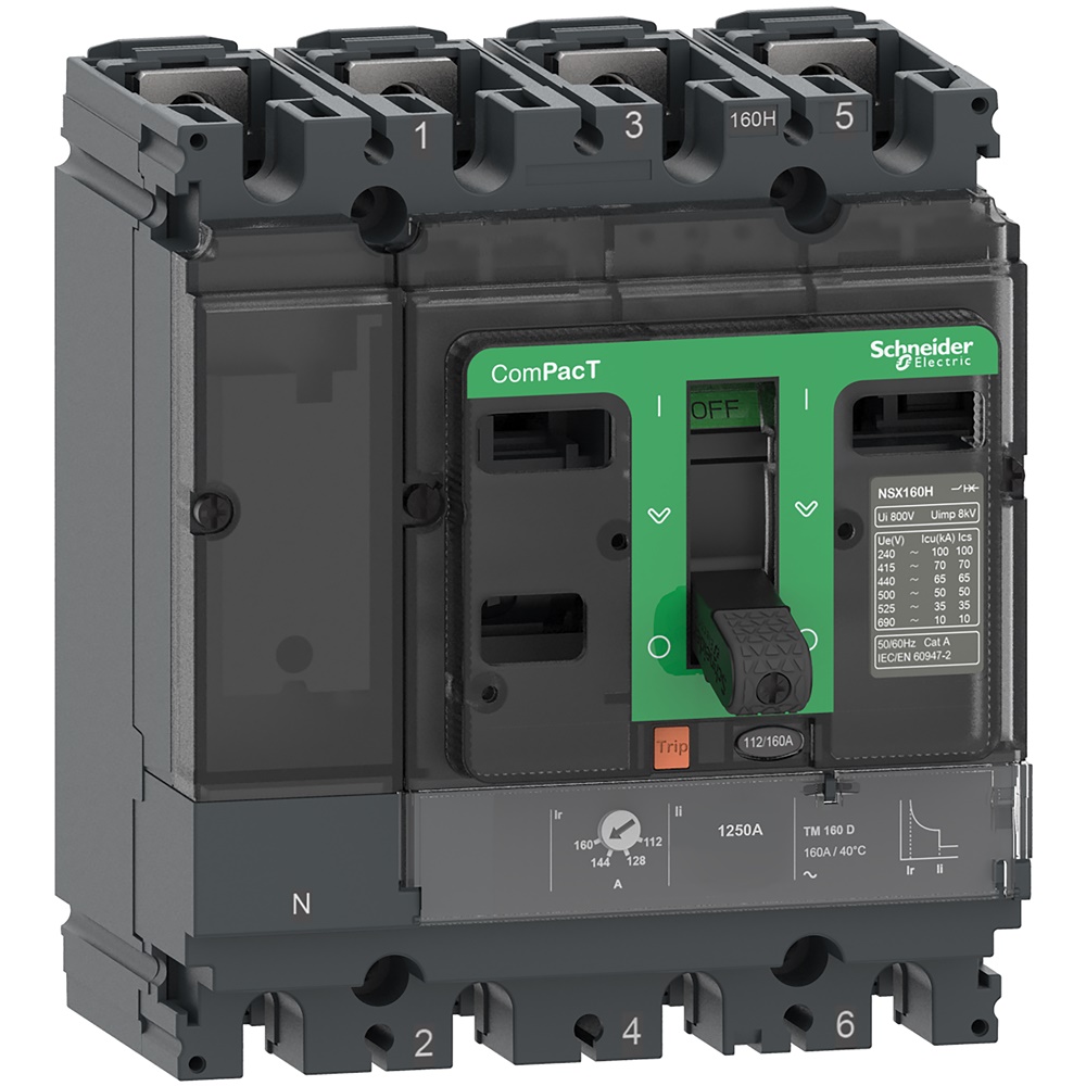 Interruttore ComPacT NSX100HB1 4 poli 75kA 690VAC sganciatore TMD 100A protezione sovraccarico e corto circuito uso industriale e navale