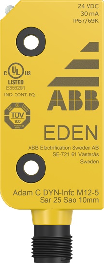 Sensore sicurezza industriale Adam C DYN-INFO M12-5 con connettore M12, protezione IP67/69K, uscita segnale DYNlink, adatto ambienti difficili