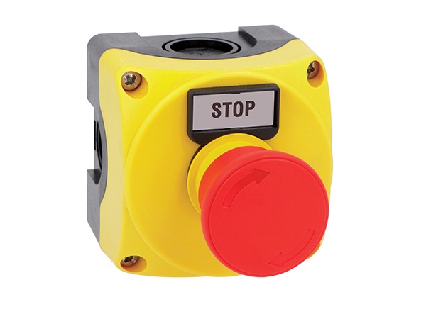 Pulsante giallo fungo emergenza ISO13850 con targhetta stop per sicurezza macchine
