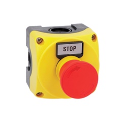 Pulsante giallo fungo emergenza ISO13850 con targhetta stop per sicurezza macchine