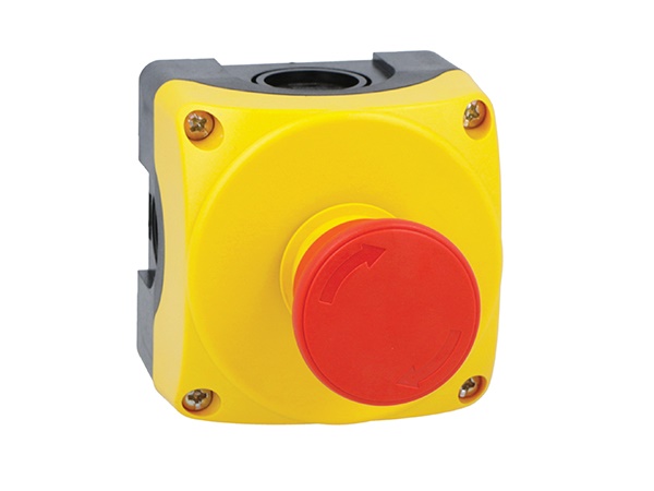 Pulsante giallo 40mm sgancio rotativo 1 contatto NC per comando industriale