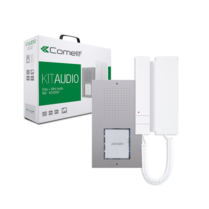 Serie Mini cornetta - Kit audio monofamiliare Simplebus 2, pulsantiera Ciao 1 pulsante + citofono Mini con cornetta, precodificato